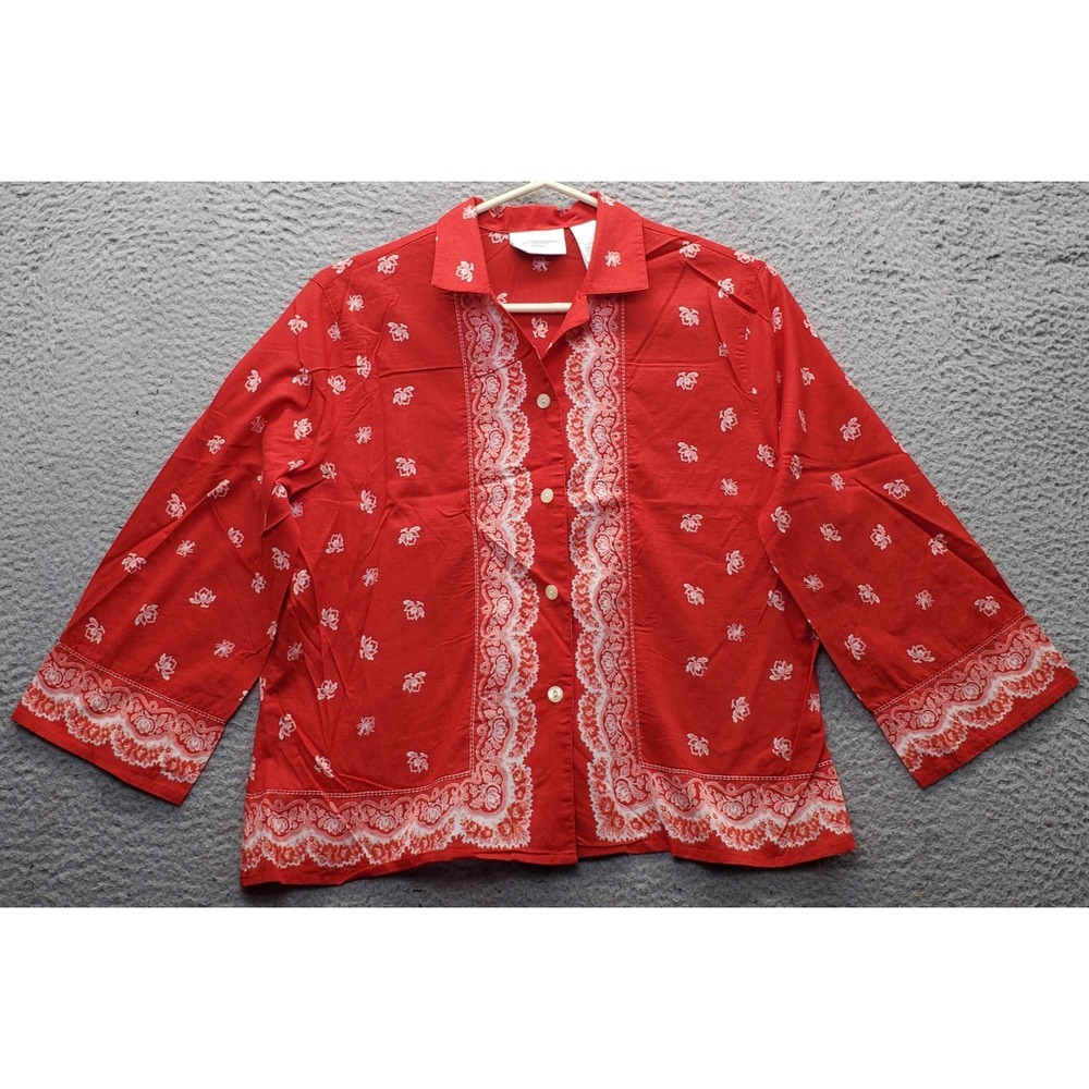 Liz Claiborne Shirt Top Womens Petite PM Multi Bandana Print Collared Button-Up